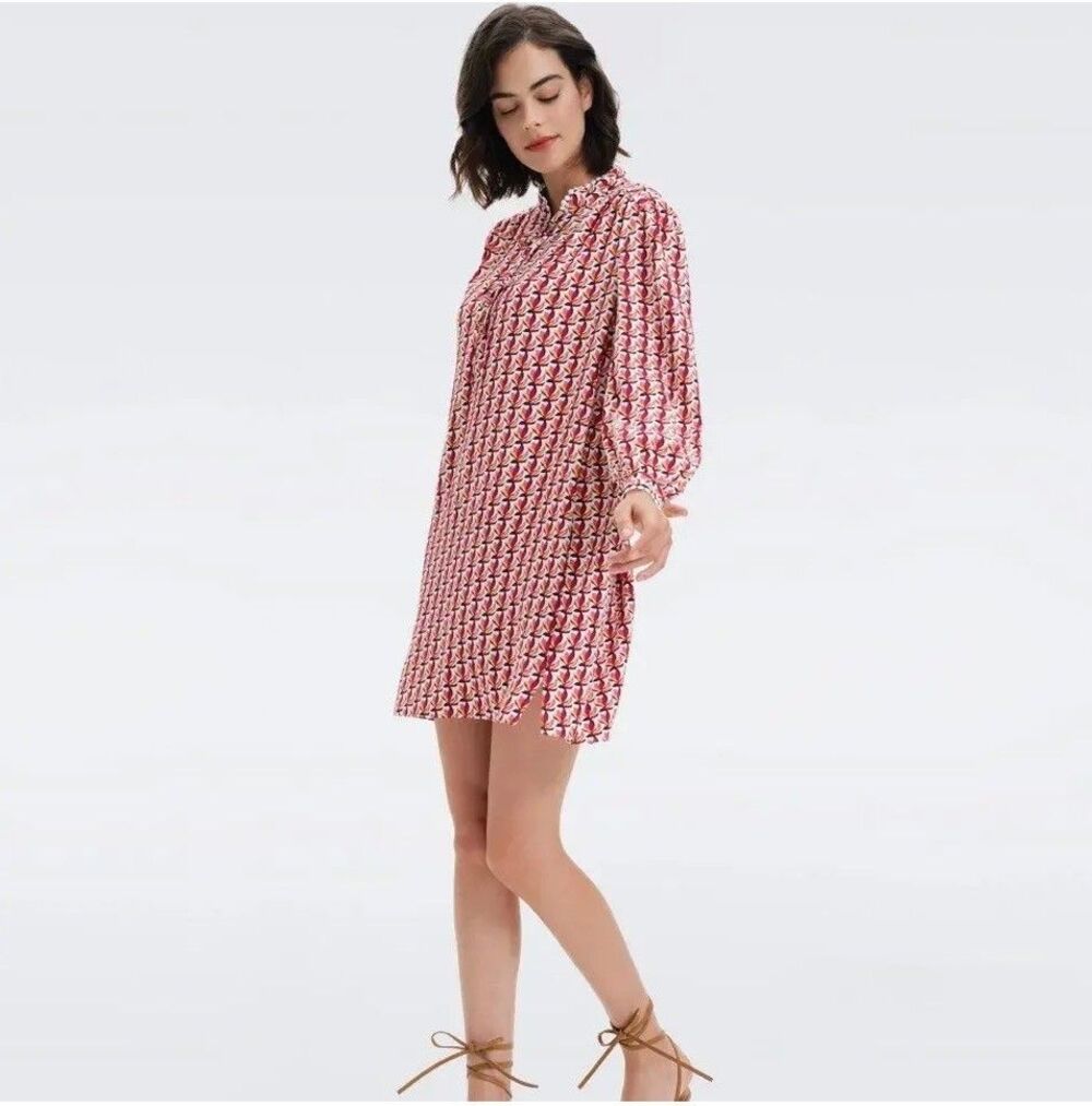 Diane von Furstenberg DVF Prudence Dress Pink Fleurgeo Geometric Pom Pom Trim S